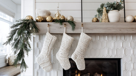 Minimalist holiday home interior, bright white tones, stockings hung on a sleek mantel, accented with pine greenery and small golden ornamentsの素材