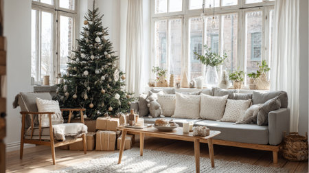 Stylish Scandinavian Christmas living room, neutral tones, tree with simple decor, kraft paper presents, and bright natural daylightの素材