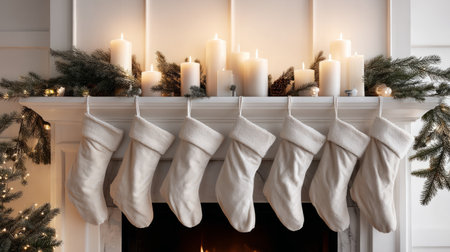 Modern Christmas decor setup, bright white wall and mantel, stockings of soft velvet, pine branches with lights, candles flickering gently, and a serene festive moodの素材