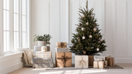 Minimal holiday decor setup in a white room, pine tree decorated with neutral ornaments, neatly stacked gifts wrapped in kraft paper and ribbonsの素材