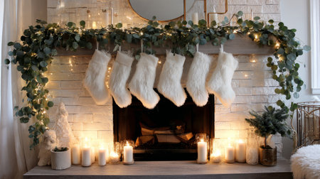 Scandinavian-style Christmas fireplace, adorned with white fur stockings, eucalyptus and pine garland, twinkling lights, and simple pillar candlesの素材