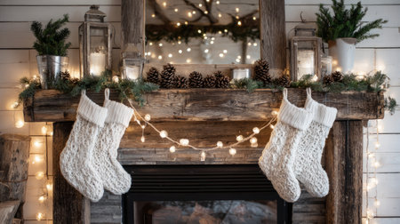 Warm and inviting Christmas living space, white stockings hanging on a rustic wooden mantel, decorated with pine cones, garland, and string lightsの素材