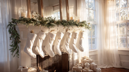 Peaceful Christmas morning setting, white stockings filled with small gifts hanging from a garland-draped fireplace, gentle daylight streaming through sheer curtainsの素材