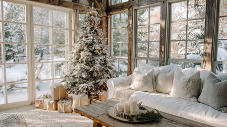 Cozy white living space with decorated Christmas tree, stylish gift wrapping, and snow-covered trees visible through frosty windowsの素材