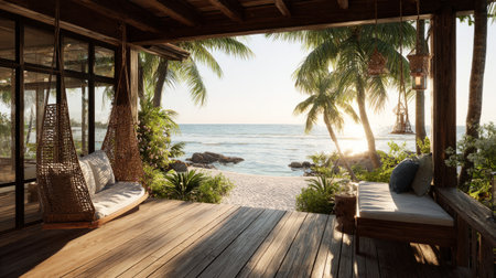 Serene beachfront veranda with wooden deck, elegant hanging swing, palm trees, and sea breeze under warm sunlight, luxury coastal livingの素材