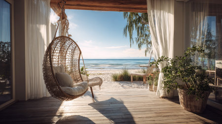 Peaceful morning view from a luxury seaside veranda, hanging swing chair facing the beach, soft shadows and natural light, tranquil ambianceの素材