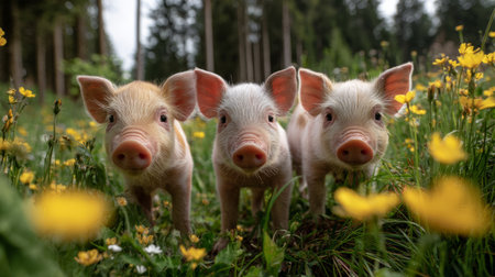 three adorable piglets exploring a sunny forest meadow, looking directly at camera, surrounded by yellow flowers and green grass, vibrant colorsの素材