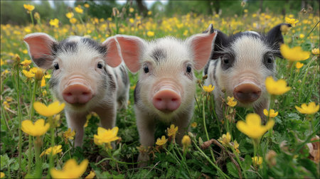 three adorable piglets exploring a sunny forest meadow, looking directly at camera, surrounded by yellow flowers and green grass, vibrant colorsの素材