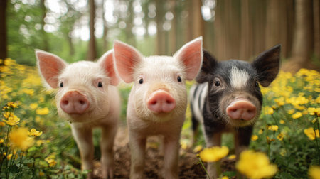 close-up portrait of three little pigs standing in a forest filled with yellow blooms, bokeh trees in background, soft natural lightingの素材