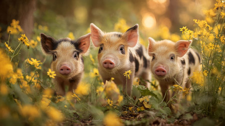 charming woodland scene with three baby pigs among yellow wildflowers, warm sunlight, rustic fairytale feel, natural photographyの素材