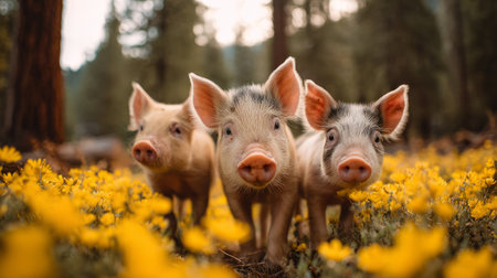 rustic outdoor photography of three small pigs together in a yellow flower field under forest trees, natural light, shallow depth of fieldの素材