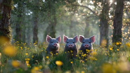three little pigs posing in a forest field with golden buttercups, sunlight filtering through green trees, gentle morning mist, realistic countryside photoの素材