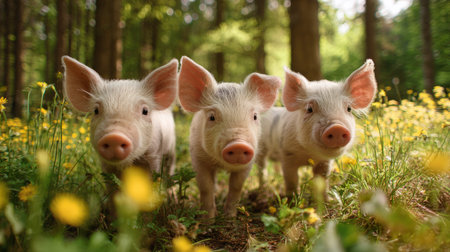 rustic outdoor photography of three small pigs together in a yellow flower field under forest trees, natural light, shallow depth of fieldの素材