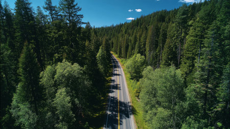 Drone shot of forest highway with clean blue sky, green trees acting as carbon sink for sustainable ecosystemの素材