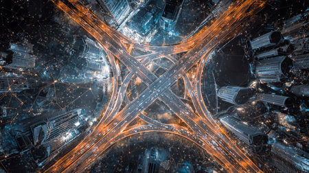 Bird-eye view of urban road systems intertwined like circuits, symbolizing digital transformation and financial networksの素材
