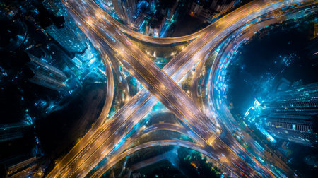 Aerial view of a brightly lit expressway interchange at night, glowing city lights reflecting on car roofs, symbolizing advanced urban infrastructure and financial technologyの素材
