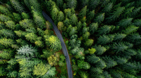 Drone aerial view of green forest with road, trees capturing carbon dioxide for net zero emissions and cleaner airの素材