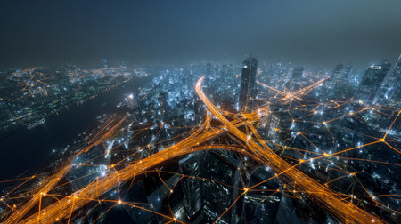 Drone view over high-tech city with expressway arteries illuminated, representing seamless transport and innovation networksの素材