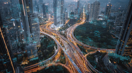 Aerial perspective of expressway interchange surrounded by skyscrapers and LED billboards, smart city with financial data overlayの素材