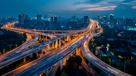 Modern expressway network at twilight, vibrant car lights and reflective surfaces creating futuristic atmosphere of connectivityの素材