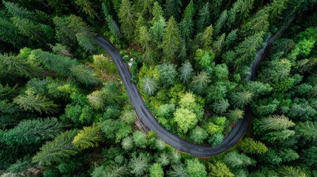 Top-down view of eco-friendly forest road curving through greenery, symbol of sustainable living and carbon neutralityの素材