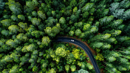 Drone aerial view of green forest with road, trees capturing carbon dioxide for net zero emissions and cleaner airの素材