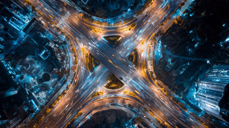 Top view of city road junction glowing at night, traffic forming futuristic light patterns representing innovation and digital economyの素材