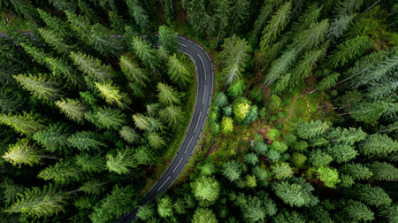 Top-down view of eco-friendly forest road curving through greenery, symbol of sustainable living and carbon neutralityの素材