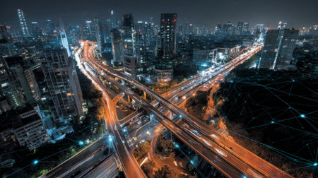 Top view of busy city highway at night with intelligent traffic flow and digital overlays symbolizing fintech infrastructureの素材