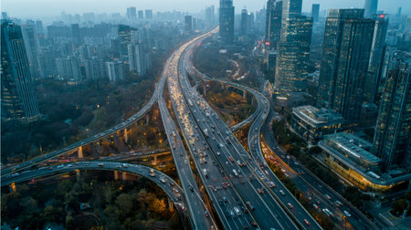 Drone photo of expressway traffic in metropolitan skyline, showing intelligent transport systems and advanced urban designの素材