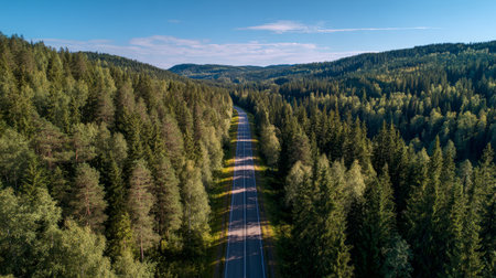 Drone shot of forest highway with clean blue sky, green trees acting as carbon sink for sustainable ecosystemの素材