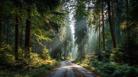 Serene forest road under sunlight, surrounded by dense green trees absorbing CO2 concept of net zero future and eco innovationの素材