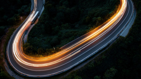 drone view of truck traveling along curving highway at dusk, vibrant light trails weaving through glowing sunset tonesの素材