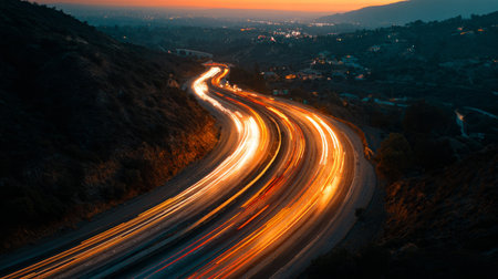 drone view of truck traveling along curving highway at dusk, vibrant light trails weaving through glowing sunset tonesの素材