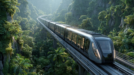 modern futuristic railway system elevated through green jungle, black and silver train, sunlight streaks and EV driving under bridgeの素材