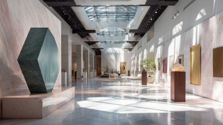 panoramic view of modern gallery lobby with marble textures, art pieces on pedestals, and sunlight filtering through skylightsの素材
