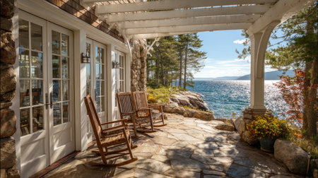 stunning coastal cottage patio with French doors, stone flooring, and wooden rocking chairs under white pergola, bright morning lightの素材