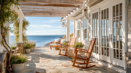 stunning coastal cottage patio with French doors, stone flooring, and wooden rocking chairs under white pergola, bright morning lightの素材
