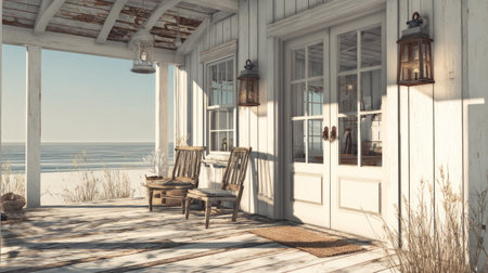 serene seaside veranda with natural textures, white wood siding, vintage lanterns, and French door entrance, cozy cottage charmの素材