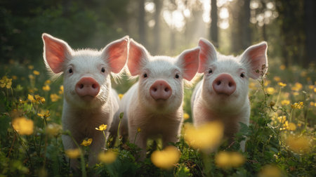 three little pigs posing in a forest field with golden buttercups, sunlight filtering through green trees, gentle morning mist, realistic countryside photoの素材