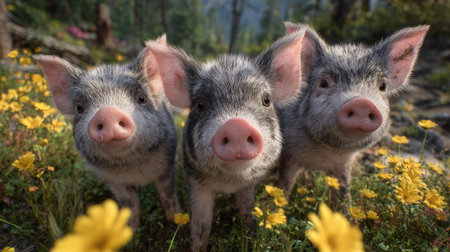 three cute little pigs standing together in a sunny forest meadow filled with yellow wildflowers, looking curiously at the camera, warm natural light, photorealistic styleの素材