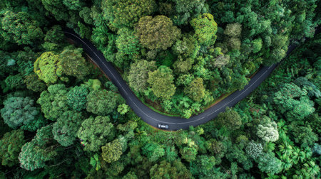 Top-down view of eco-friendly forest road curving through greenery, symbol of sustainable living and carbon neutralityの素材
