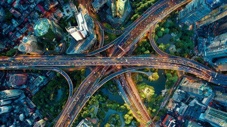 Bird-eye view of urban road systems intertwined like circuits, symbolizing digital transformation and financial networksの素材