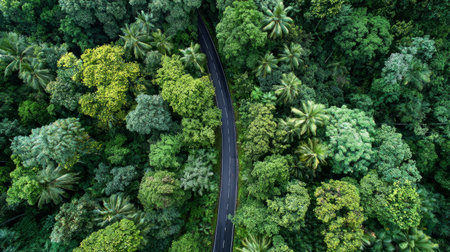 Drone top-down view of road between tall green trees, lush vegetation symbolizing carbon neutrality and natural balanceの素材