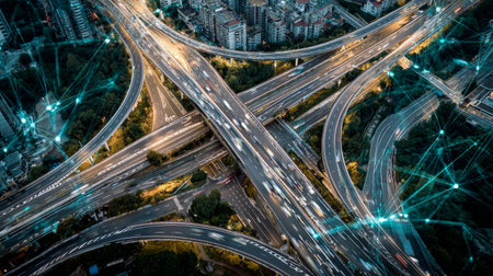 Aerial view of advanced transportation systems, multi-layer highways and glowing digital lines symbolizing fintech evolutionの素材