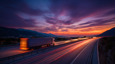 transport truck on highway at dusk, motion blur lights from passing vehicles, orange and purple sky illuminating landscapeの素材