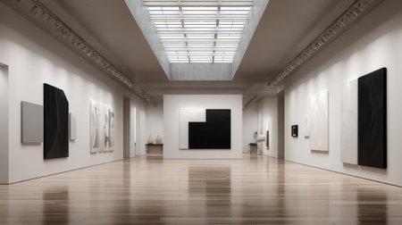 interior design visualization of minimalist gallery with monochrome tones, spotlighted art canvases, and serene ambienceの素材