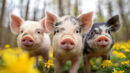 close-up portrait of three little pigs standing in a forest filled with yellow blooms, bokeh trees in background, soft natural lightingの素材
