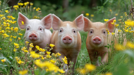 three adorable piglets exploring a sunny forest meadow, looking directly at camera, surrounded by yellow flowers and green grass, vibrant colorsの素材