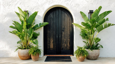 Arched doorway design in tropical style, white stucco background, dark wooden double doors, two lush banana plants in ceramic planters, centered black doormat, balanced layoutの素材